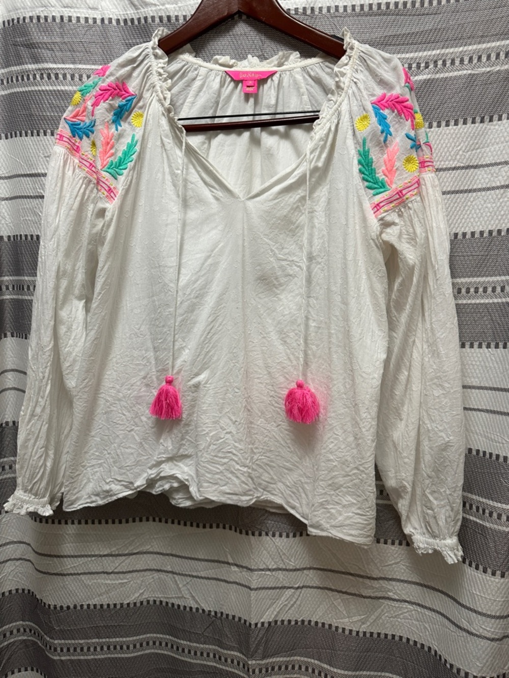 Brighton White Peasant Tunic with Neon Pink Tassels and Multicolor Embroidery